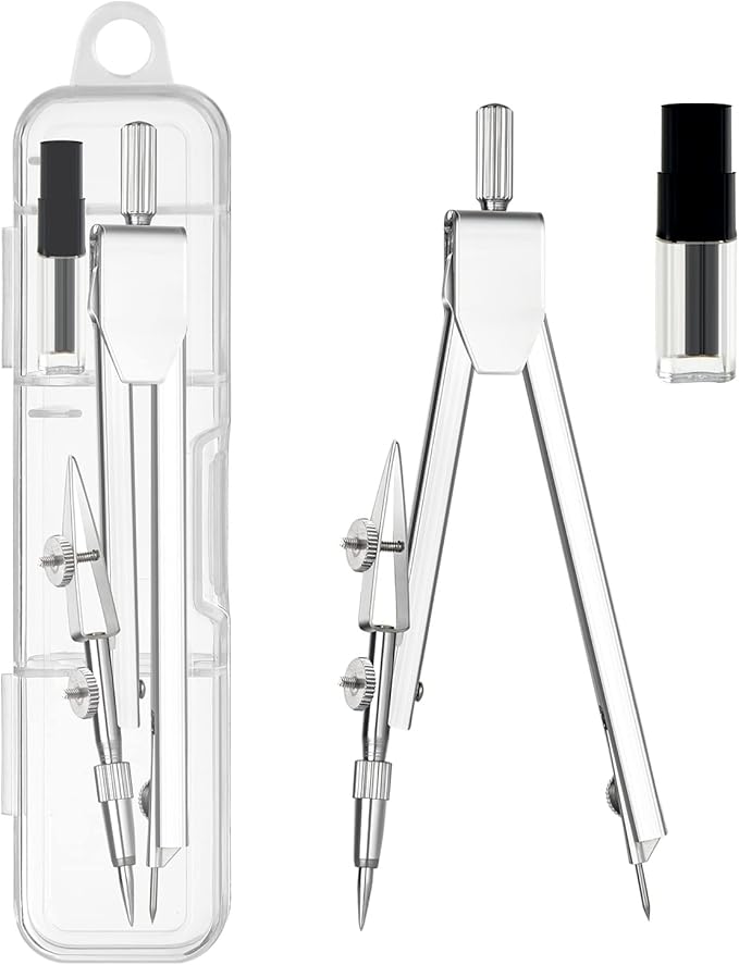 2 Pack Student Metal Compass Set for Geometry with Extra Lead Refills, Math Compass, Compass Drawing Tool, Drafting Compass for Students, Compass for Office School Supplies and Woodworking (2)