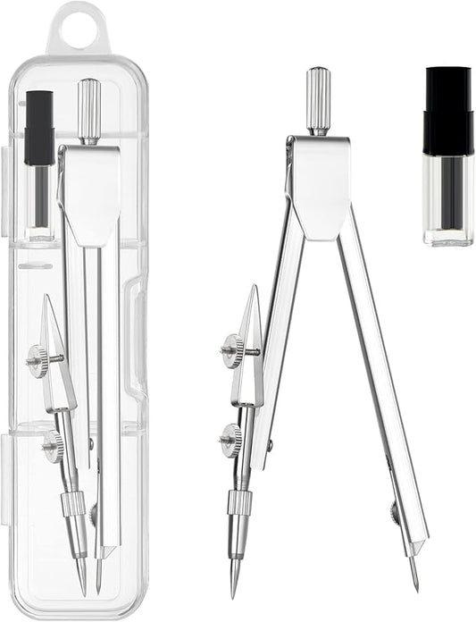 2 Pack Student Metal Compass Set for Geometry with Extra Lead Refills, Math Compass, Compass Drawing Tool, Drafting Compass for Students, Compass for Office School Supplies and Woodworking (2)
