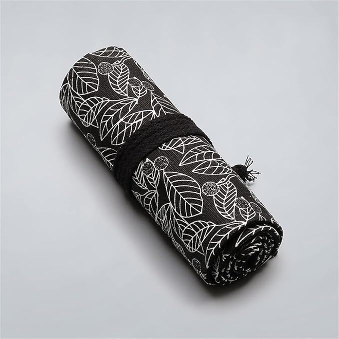 DIYOMR 24/36/72 Slots Pencil Wrap Pencil Rolls, Artist Colored Pencils Roll Up Bag Short Brushes Pouch Case Pencils Organizer for Drawing Coloring and Sketching (Black Leaves, 72slots)