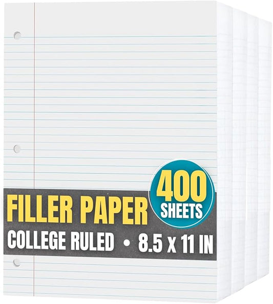 1InTheOffice Loose Leaf Paper College Ruled, Notebook Filler Paper, 8.5" x 11", 3-Hole Punched, White, 300 Pack