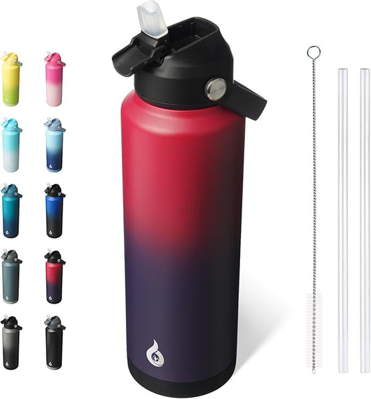 BJPKPK Insulated Water Bottle with Straw Lid, 40oz Large Thermo, BPA Free Leak Proof Stainless Steel Metal Water Bottles, Tumblers, Cups, Flasks for Travel, Sports,Charming Red