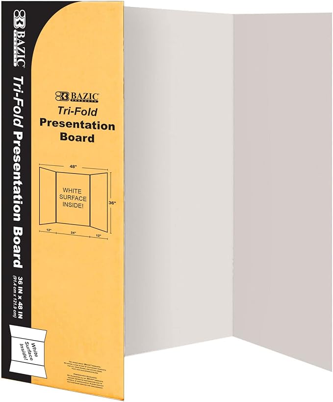 BAZIC Products Trifold Poster Board – White Corrugated Cardboard Display Board for School Projects, Science Fairs, Photos, Charts, and Classroom Presentations, 36" X 48", 1-Pack