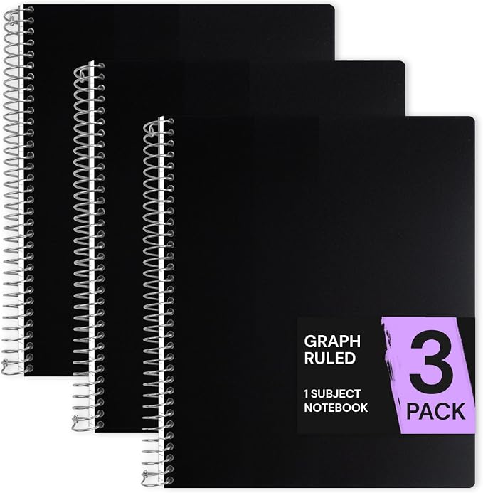 ONAVIA 1 Subject Graph Paper Spiral Notebook 3 Pack, 200 Pages, Black
