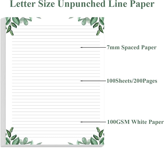 Stationery Lined Paper, Letter Size Unpunched Ruled Filler Paper, 100Sheets/200Pages Loose-Leaf Line, 100gsm, 8.5'' x 11'', Leaf