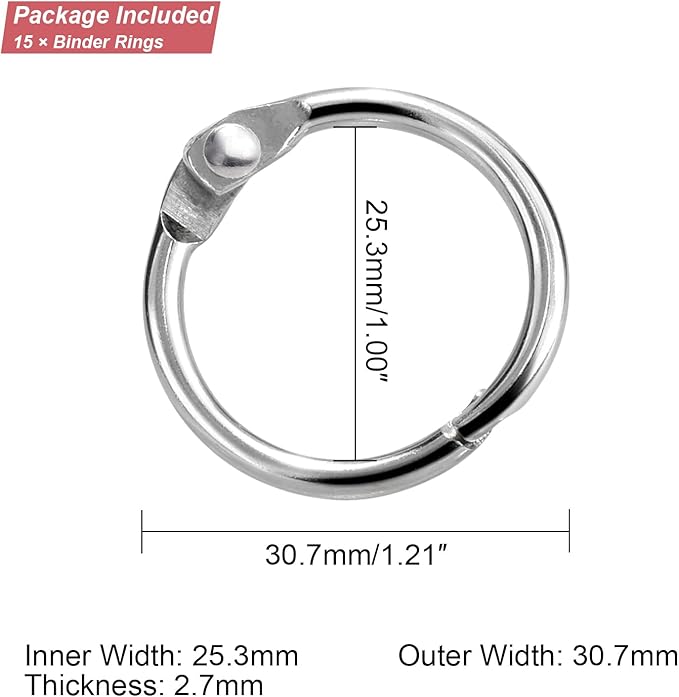 15 Pack 1 Inch Office Book Rings Binder Metal Paper Binding Ring Small Flash Card Rings Key Chain Clip for Index Card, School, Keychain, Keyrings, Silver, 25mm