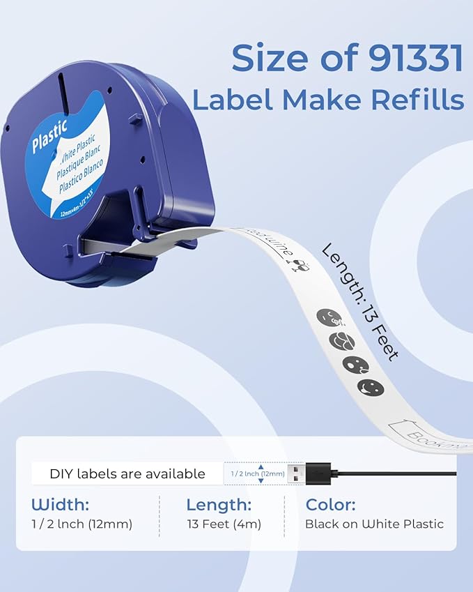 91331 Label Maker Tape Refill White Plastic Label Compatible with DYMO LetraTag Refills 12mm x 4m (1/2" x 13') for Labeler Letra Tag 200B LT 100H 100T Plus, 6 Pack Compatible with Dymo Label Tape