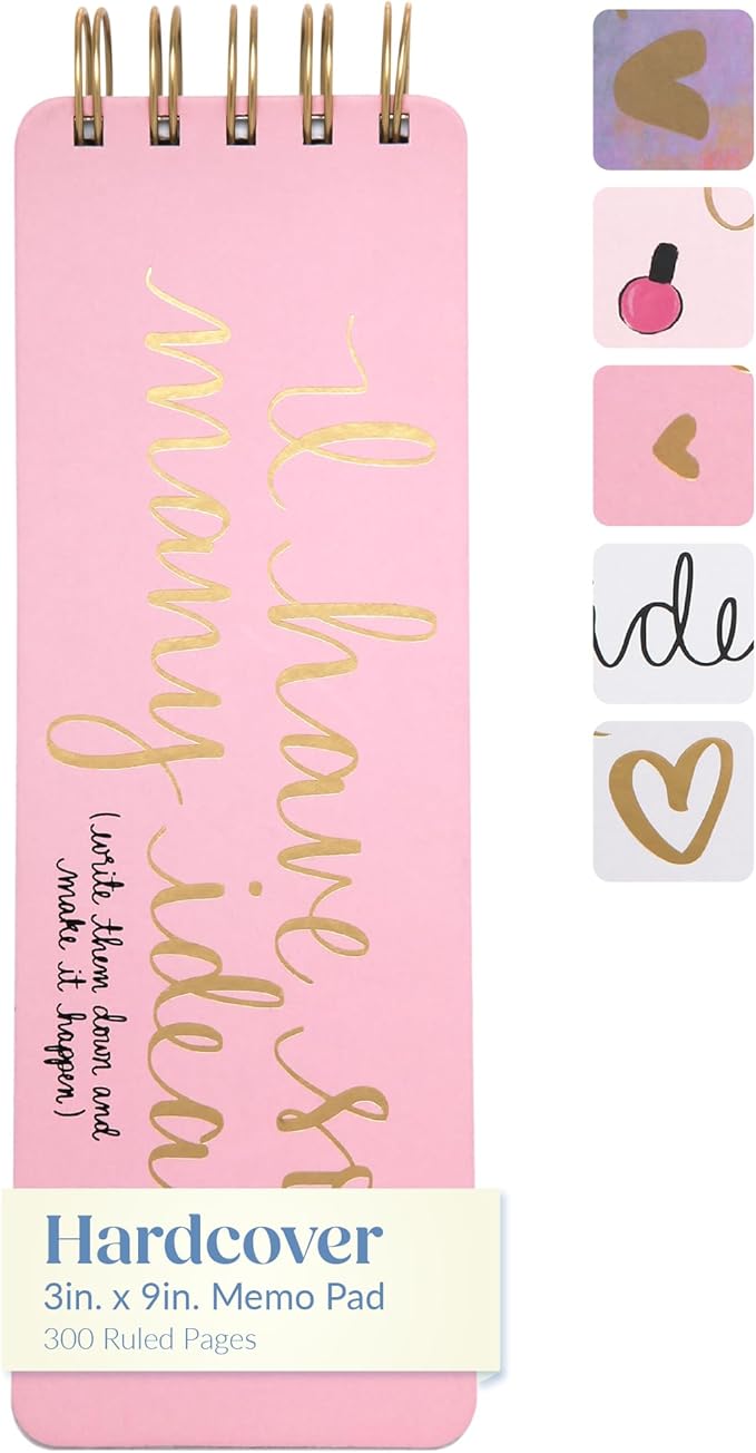 Eccolo Dayna Lee Collection Go-Getter Pink "I Have So Many Ideas" 3" x 8.5" Hardcover Spiral Memo Pad, 300 Pages