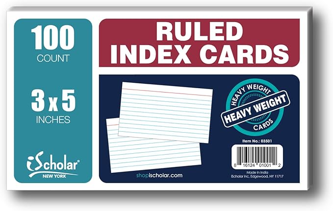 iScholar Index Cards, White, Ruled, 3 x 5 Inches, 100 Card Pack (03501)