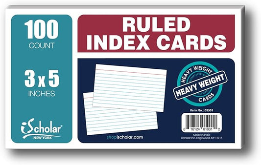 iScholar Index Cards, White, Ruled, 3 x 5 Inches, 100 Card Pack (03501)