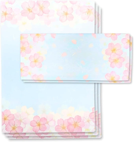 Japanese Cherry Blossom Stationery Paper and Envelopes Set, Made in Japan,15 Sheets, 8 Envelopes (Blue Sky), Elegant Washi Paper for Writing, Crafts,Gift