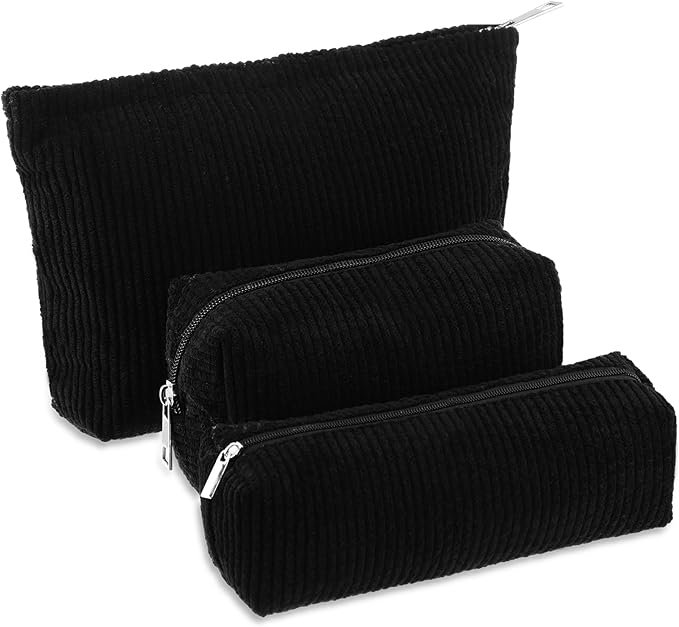 Huhumy 3 Pcs Makeup Bag Set for Women Corduroy Cosmetic Pouch Aesthetic Smile Travel Toiletry Bag Cute Purse Pouch Pencil Case Makeup Brushes Storage Organizer with Zipper(Black,Solid Style)