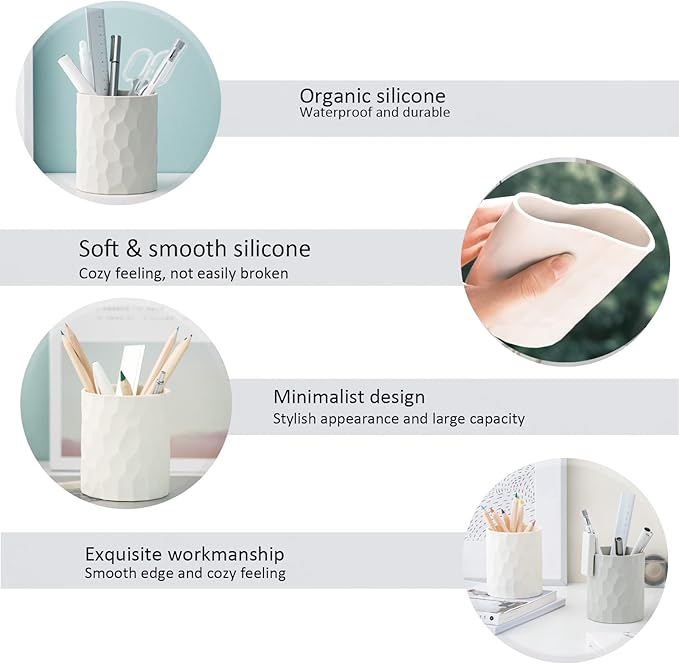 minimaliving Pen Holder,Nordic Style Silicone Waterproof Pencil Holder for Desk Simple&Modern Minimalist Makeup Organizer Multifunctional Office Supplies for Home,Kids and School(Beige)
