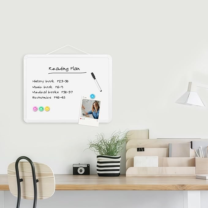 Small Wall White Board, 11" x 14" Mini Double-Sided Magnetic Dry Erase Board with Plastic Frame, Hanging Whiteboard with 5 Markers for Kids, Students, School, Kitchen, Home & Office