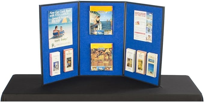 Displays2Go Trifold Tabletop Presentation Board, 54 x 30 Hook & Loop Fabric Display with Dry Erase Panels, Blue & White (3PV5430BLU)