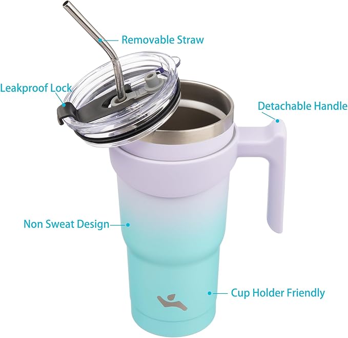 Konokyo 20 oz Tumbler with Handle and 2 Straw 2 Lid, Insulated Water Bottle Stainless Steel Vacuum Cup Reusable Travel Mug, Lavender Green