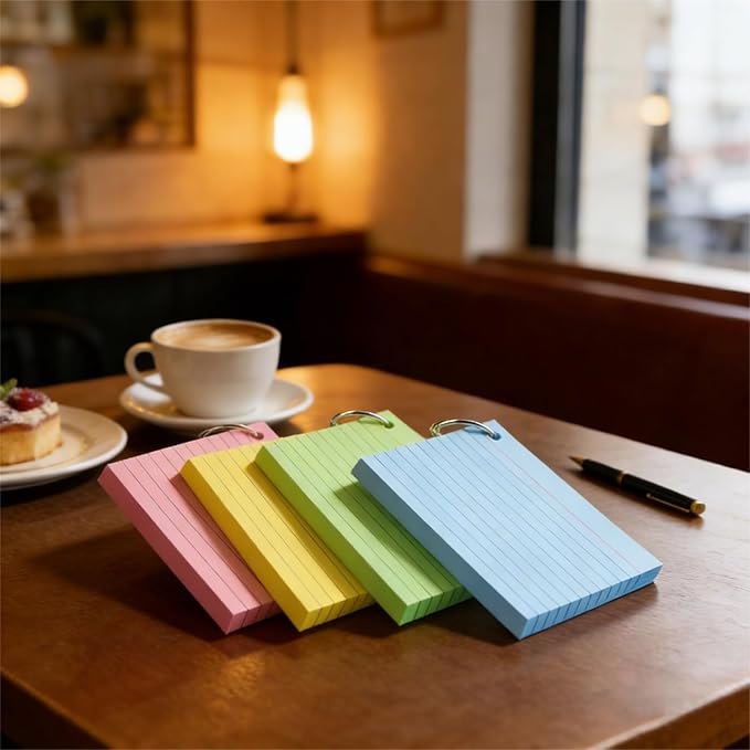 200 Count Colored Index Cards, 3x5 Inch with Key Ring, Portable Note Taking Study Note Cards for Office Home