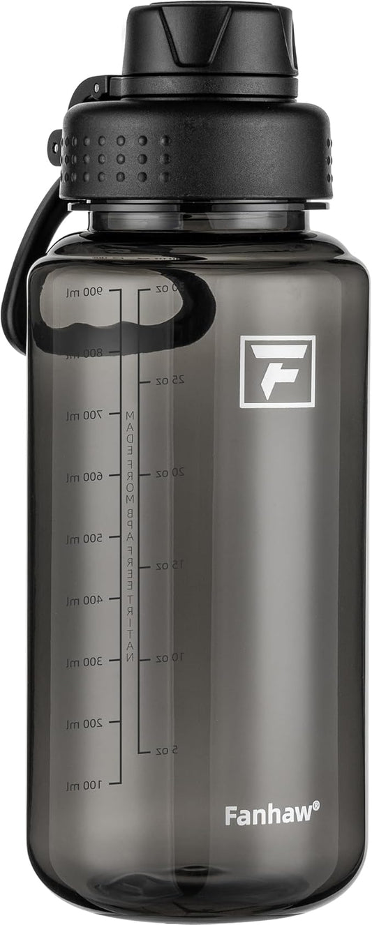 Fanhaw 32 oz Clear BPA-Free Tritan Water Bottle with Fast-Flow Spout Lid, Leakproof Wide-Mouth Reusable Bottle for Gym, School & Office (Black)