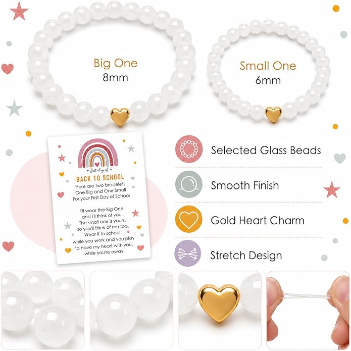 Back to School Bracelets Heart Matching Mommy and Me Elastic Wish Strings Bead Bracelets First Day of School Supplies Gifts