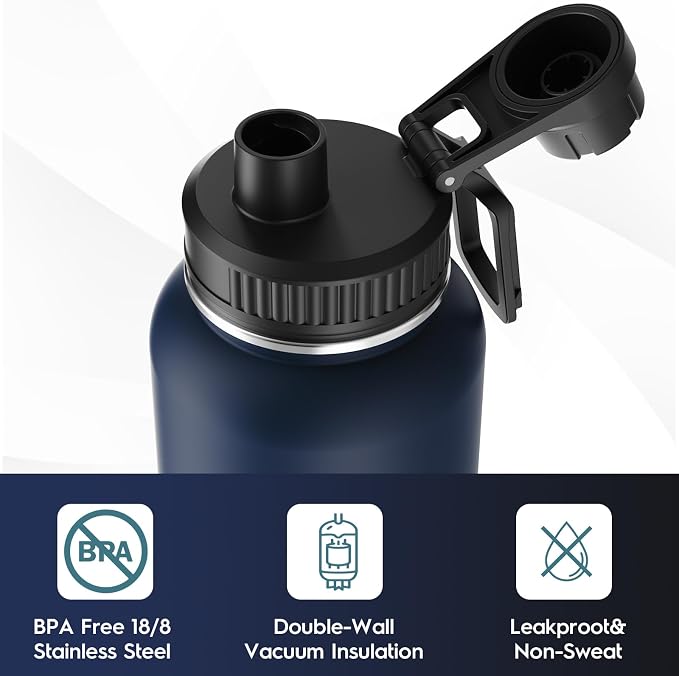 Navigate 32oz Insulated Water Bottle for Sports, Keep Cold 24H | 2-in-1 Spout and Handle Lids, Double Leak-Proof, 18/8 Stainless Steel, BPA-Free, Wide Mouth for Hiking,Dark Blue