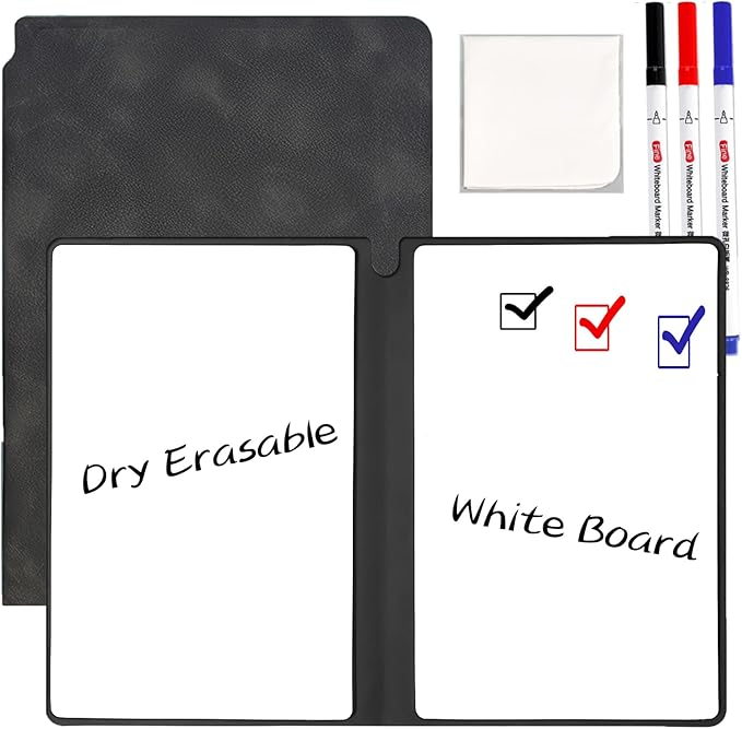 Marte Vanci Whiteboard Notebook Reusable Dry Erase Whiteboard with Pen and Wiping Cloth A5 Portable Dry Erase Pad with PU Cover White Board for Notes Lists Memo Message Presentation (Black)