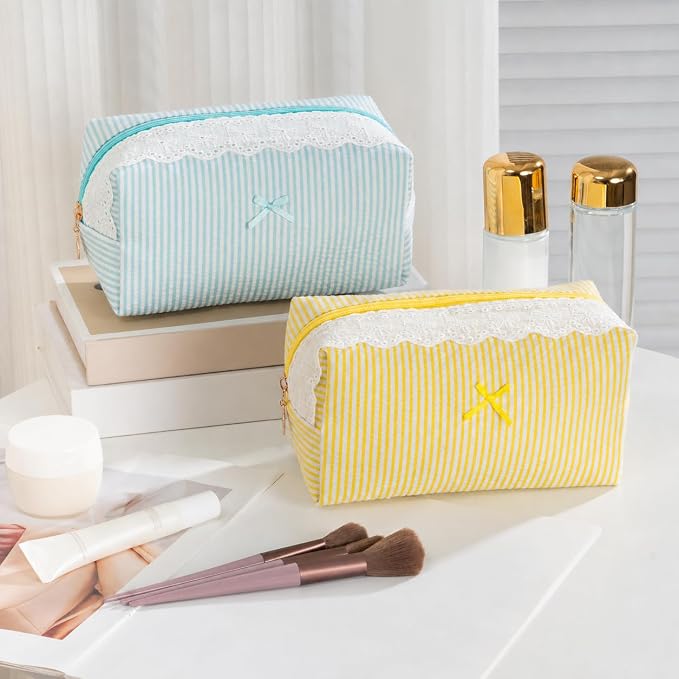 Makeup Bag Travel Toiletry Bag for Women, Small Cosmetic Bags with Lace Trim Cute Yellow Stripe Aesthetic Organizer Makeup Pouch for Purse Emergency Bag Pencil Case Accessory Bag