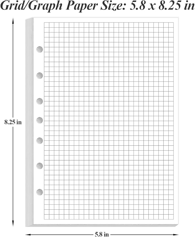A5 Grid Refill Paper, 7-Hole Graph Paper, 100Sheets / 200Pages Loose-Leaf Grid Paper, 100gsm White Paper, 5.8" x 8.3 "