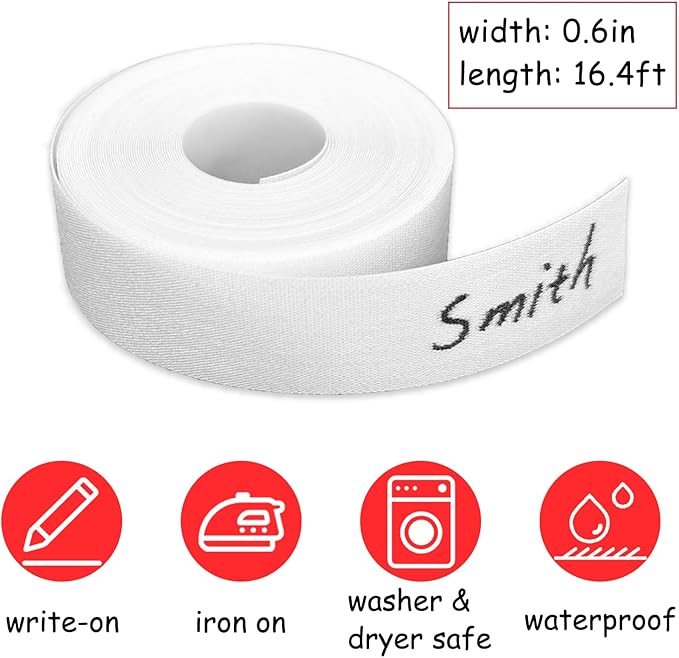 Writable Iron on Clothing Labels, 0.6 inch x 16.4 Ft., Fabric Labels Name Tags for Daycare, Nursing Home, Camp, School, Laundry, Organizing, Washer & Dryer Safe, with 1 Permanent Fabric Marker