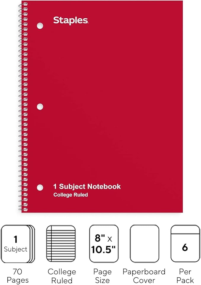 STAPLES 1‑Subject Spiral Notebook, 8” x 10.5”, College Ruled, 70 Sheets, Assorted Colors, 6‑Pack