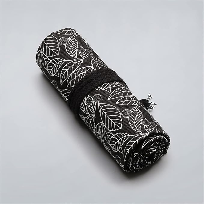 DIYOMR 12/24/36/72 Slots Pencil Wrap Roll, Artist Colored Roll Up Bag, Short Brushes Pouch Case Organizer for Drawing Coloring and Sketching, No Pencils (Black Leaves, 12slots)