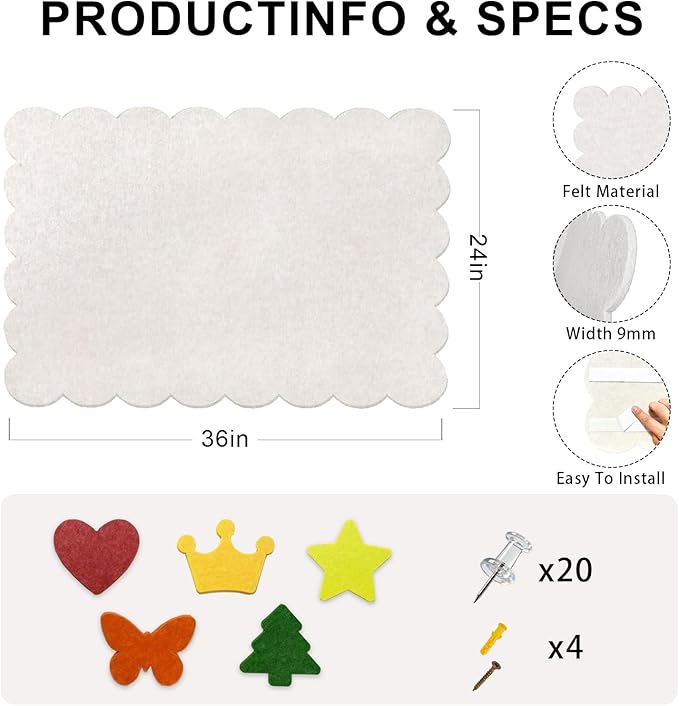 Scalloped Bulletin Board, 36x24 Scalloped Felt Bulletin Board, 3' by 2' Trifold Foldable Picture Display with 20 Pins & 5 Cute Decors - Beige