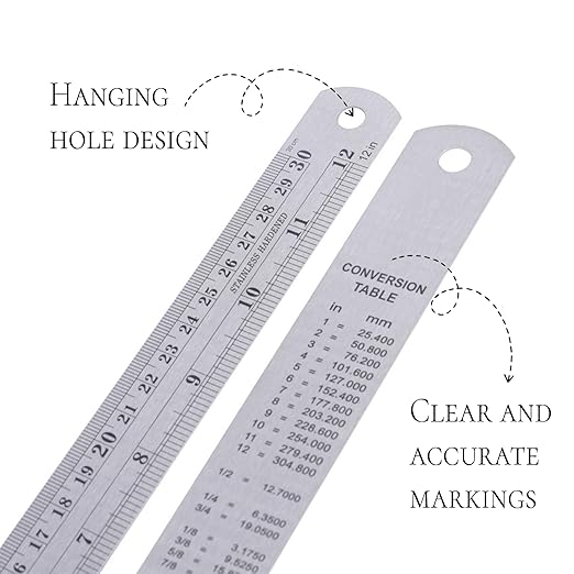 Metal Ruler 12 Inch with Conversion Table, Stainless Steel Metric Ruler with Etched Scales for Office,Home,Study,Engineers and Artists（1 Pack）