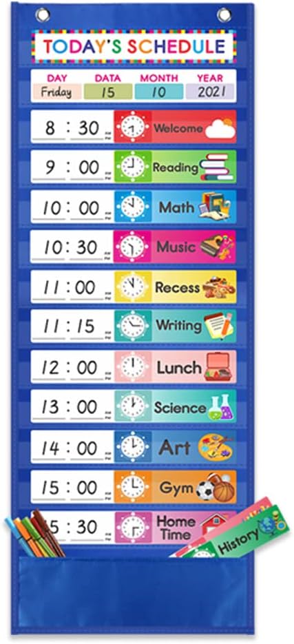 Daily Schedule Pocket Chart. Kids Chart with 15Reusable Dry-Eraser Schedule Dry-Eraser Cards 13+1 Pockets. for Classroom & Home (Blue)