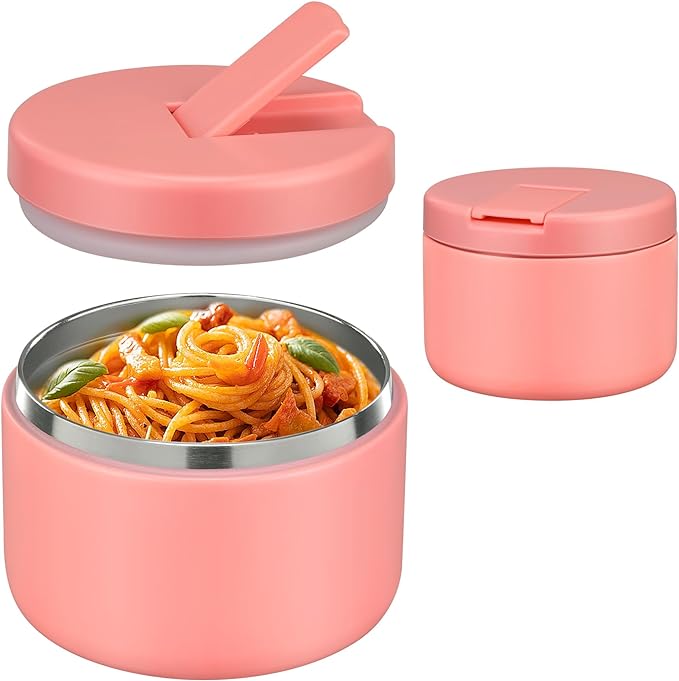 Pawtong 12oz Insulated Vacuum Food Jar with Buckle Lid Wide Mouth Soup Thermo for Hot Food Kids Leakproof Stainless Steel Lunch Container- Pink- 1Pack