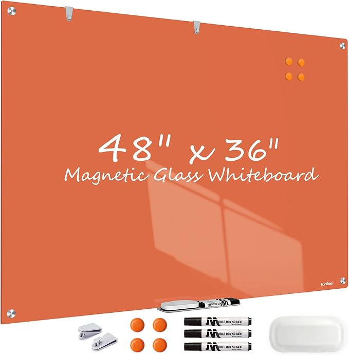 Glass White Board Dry Erase Board, 48x36 Inches Magnetic Glass Whiteboard, Large Dry Erase Board for Wall Office School Classroom Home, 4x3 Feet Orange Big Whiteboard Wall Mounted