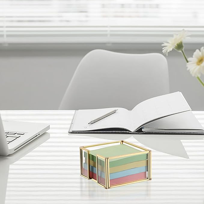 BTSKY Golden Glass Sticky Note Holder for 3x3 Inch Sticky Notes, Elegant Post It Note Dispenser with Non-Slip Pads Clear Notepad Holder for Desk Organization Planning, Home Office Decor
