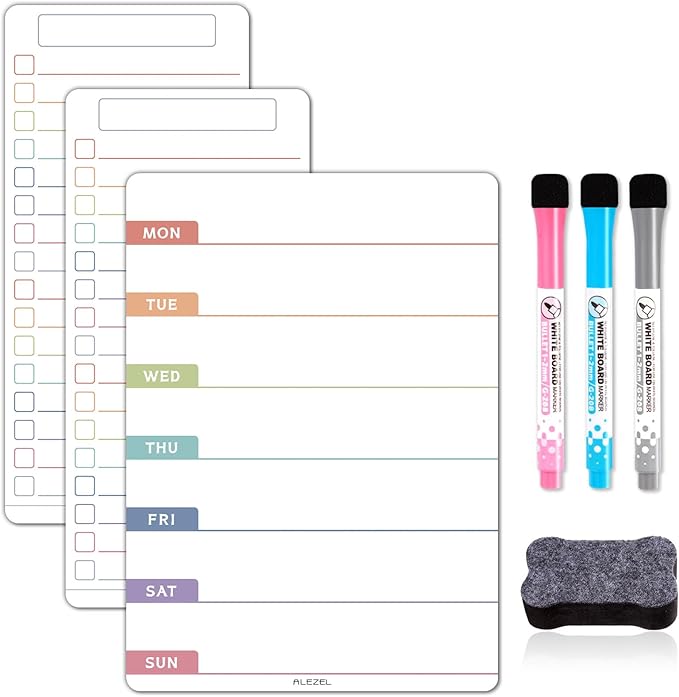 ALEZEL Magnetic Weekly Calendar for Refrigerator, Magnetic Menu Board Set for Fridge - Weekly Dry Erase Board & 2 Grocery List White Boards, 3 Markers + Eraser