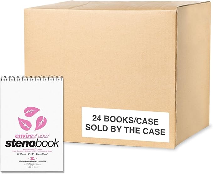 ROARING SPRING Enviroshades Colored Steno Books, 24 Pack of Memo Pads, Recycled Pink Paper, 6" x 9", 80 Sheets, Gregg Ruled, Perforated, Wirebound, Heavy Chipboard Back