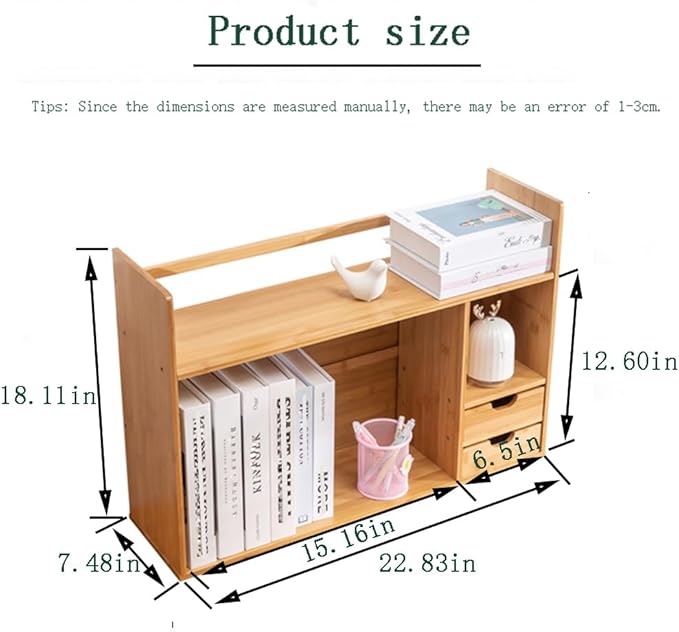 Bamboo Desktop Bookshelf with Drawers,2-Tier Desk Organizer Shelf,Small Desk Hutch with Storage for Office,Dorm,Bedroom,Home,Desk Top Bookshelf with Rounded Corners,22.8"x7.5"x18.1"