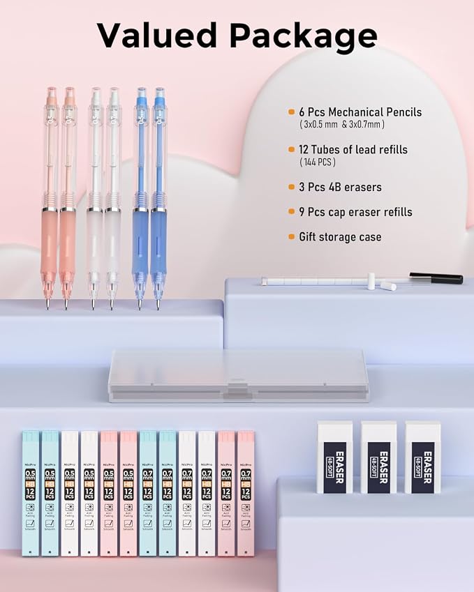 Nicpro 23PCS Pastel Mechanical Pencil 0.5 & 0.7 mm with Case for School, with 12 tubes HB Lead Refills, 3 Erasers, 9 Eraser Refills For Student Writing, Drawing, Sketching, Blue & Pink & White Colors