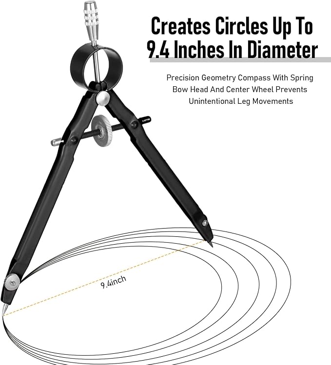EBOOT Student Geometry Math Set, Metal Drawing Compass and 6 Inch Clear Swing Arm Protractors 180 Degree Math Protractor(Black and Black)