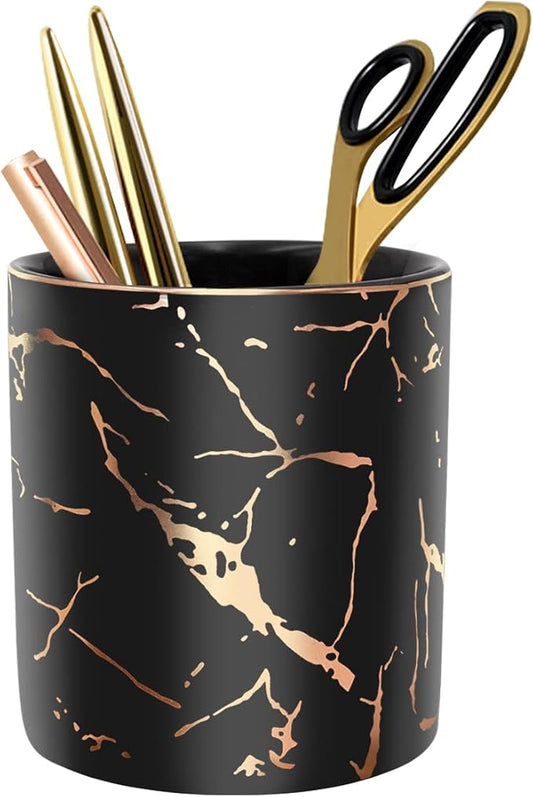 Pencil Cup, Pen Holder for Desk, Pen Pencil Stand Holder for Desk, WAVEYU Office Desk Organizer for Girls Women Kids Ceramic Glitter Marble Makeup Brush Holder, Black (Upgrade Style)