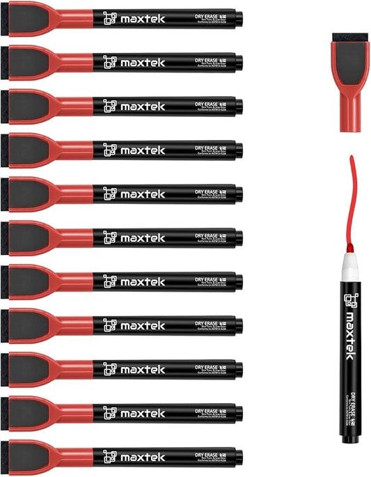 maxtek Magnetic Whiteboard Markers - 12 Count Red Fine Tip Dry Erase Markers with Eraser for Kids, Low Odor Thin Markers for Calendar Boards
