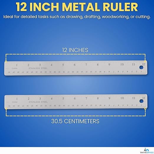 1InTheOffice Metal Ruler 12 Inch, Stainless Steel 12 Inch Ruler with Cork Back and Hanging Hole - 1/16" Standard Scale 12 inch - 3 Pack