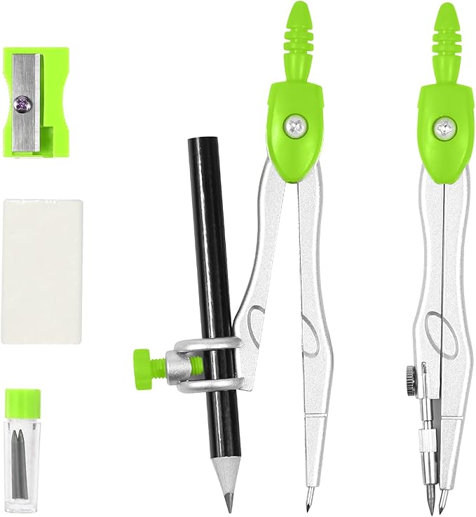 Unjoo Math Geometry Kit Sets 10 Piece Student Supplies with Shatterproof Storage Box,Includes Rulers,Protractor,Compass,Eraser,Pencil Sharpener,Lead Refills,Pencil,for Drafting and Drawings（Green）