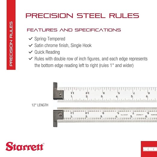 Starrett Spring Tempered Steel Rule with Satin Chrome Finish, Quick Reading, and Inch Graduation - 12" Length, 4R Graduation Type, 3/64" Thickness - CH604R-12