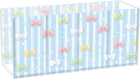 Aslsiy Bows Ribbon (20) Pen Holder for Kids 4 Compartments Acrylic Pencil Holder Clear Makeup Brush Holder Desk Organizer Office Supplies