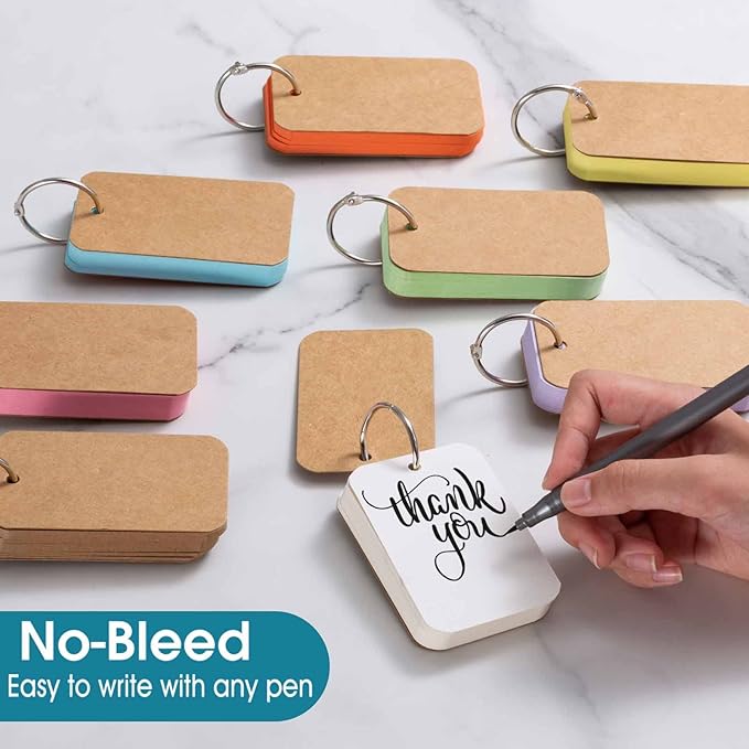 Primbeeks 8 Pack Multicolor Index Cards with Binding Rings, 320 Sheets 2.2 x 3.5 Inches Flash Cards, Double-sided Available Study Cards, Easy Flip DIY Greeting Card, Note Cards, Kraft Paper Cards