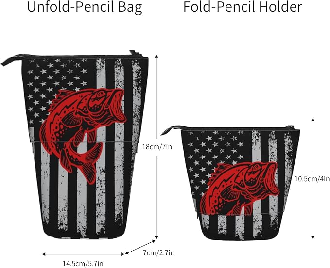 Fishing American flag Standing Pencil Case Cute Telescopic Stationary Pouch with Zipper Large Capacity Stand up Pen Bag Portable Makeup Holder for School Office Supplies