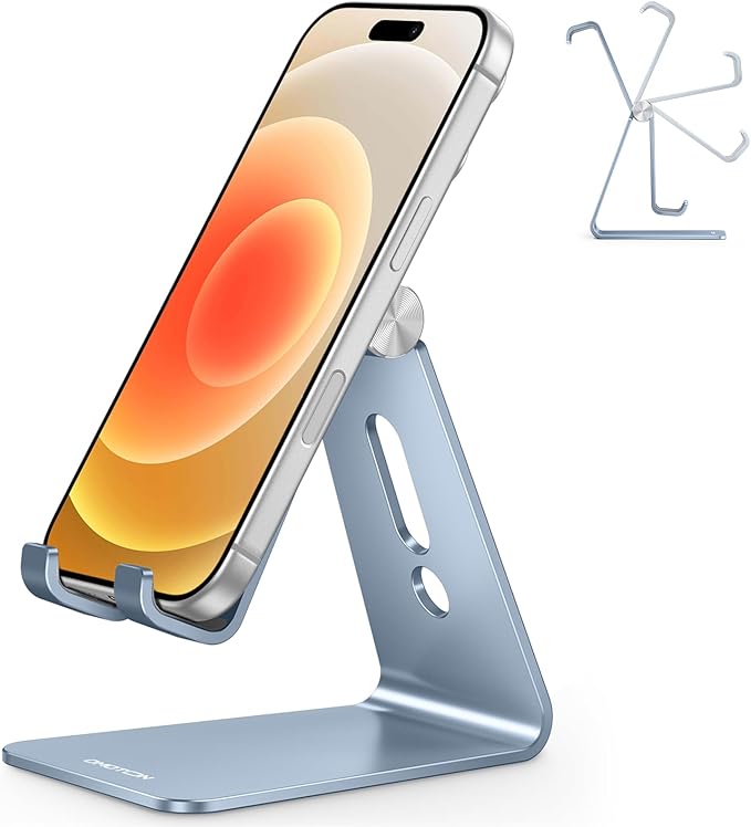 OMOTON Adjustable Cell Phone Stand, Aluminum Desktop Cellphone Stand with Anti-Slip Base and Convenient Charging Port, Fits All Smart Phones, Light Blue