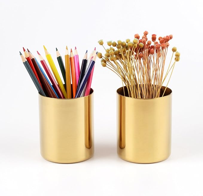 MEI YI TIAN Gold Pen Holder Glossy Stainless Steel Pencil Cup for Home Office Desk Organizers Multi Use Makeup Brush Holder Flower Vase Mini Pot Decor